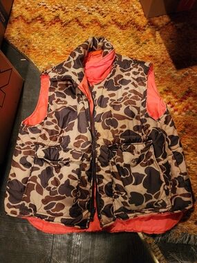 Camo Puffer Vest with Bright Orange Lining